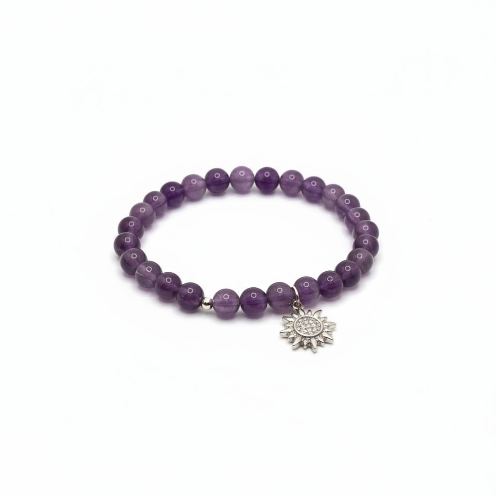 Radiant Hope Bracelet  - 6 mm Amethyst bracelet with Stainless Steel Sun charm